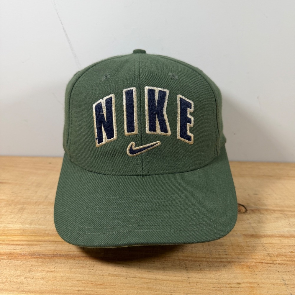 Nike Cap Mens OSFM Green Spellout Swoosh Vtg 90s Adjustable Hook and Loop Hat